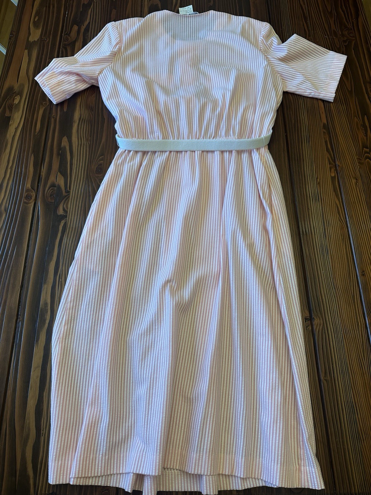 Vintage Pink White Striped Dress Belted Cottagecore USA Size 18
