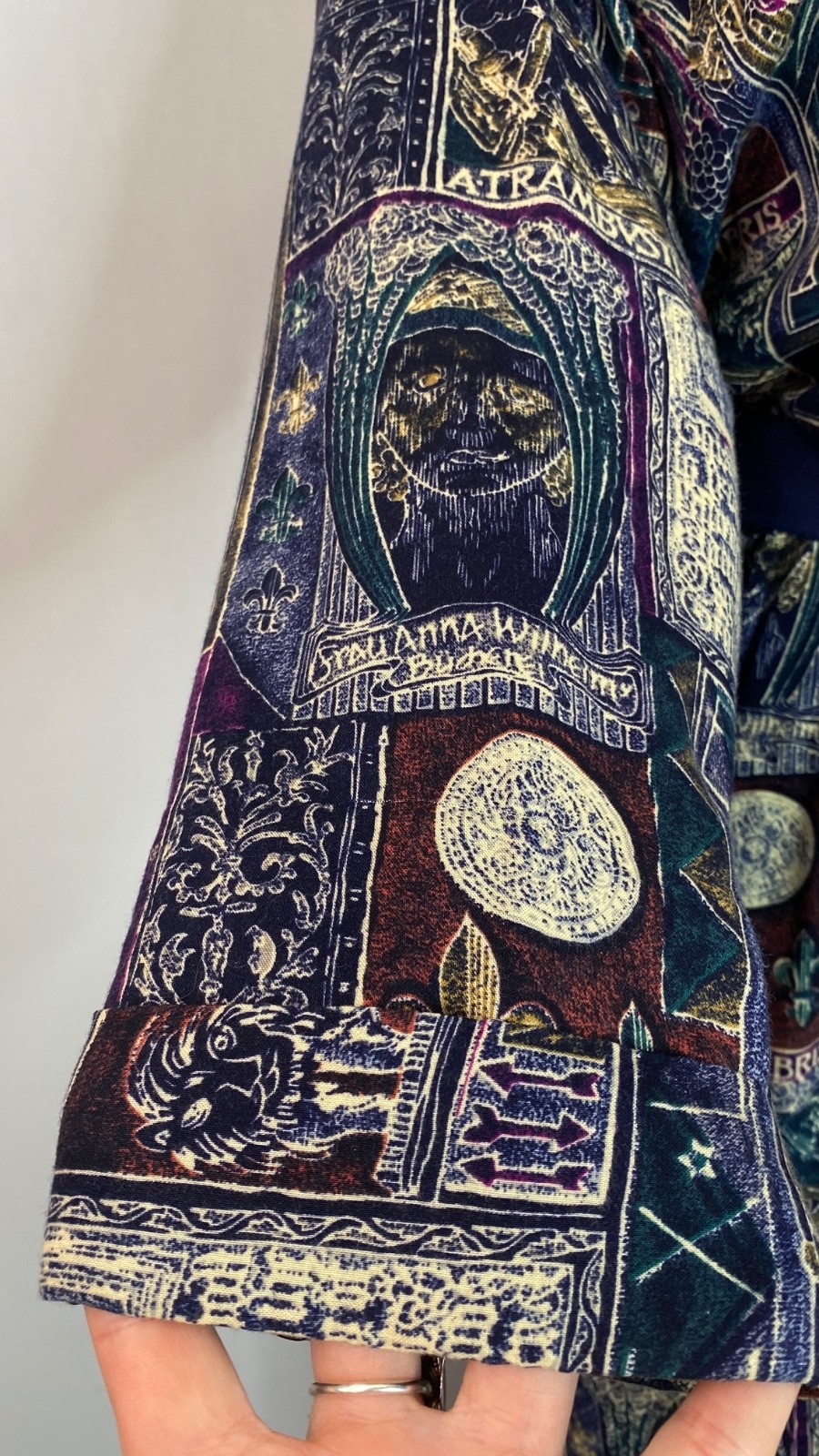 Vintage 1980s novelty print midi dress XL rayon long sleeve plus size purple