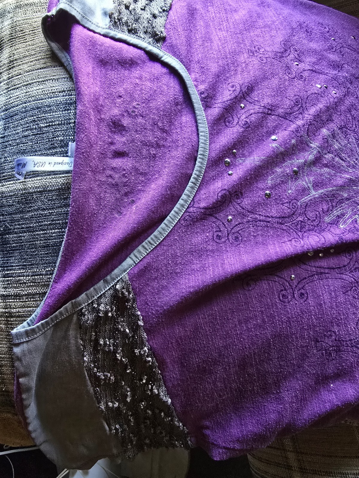 XL Adiktd Y2K Silver Studded Purple Top With Satin, Lacy, Silver Style Sleeves