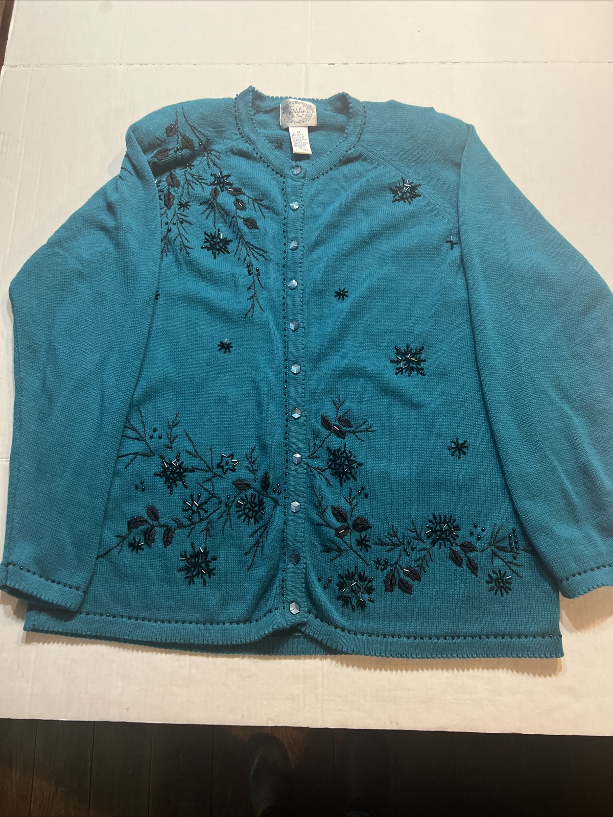 Vintage Teal Blue Beaded Button Down Cardigan Sweater Stitches In Time Size 1X