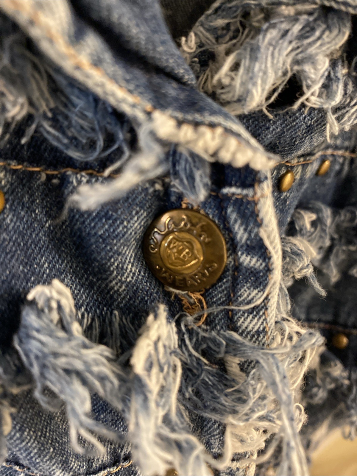 VTG Style Frayed Shaggy Fringe Denim Shacket L Brass Tone Buttons Boho Western