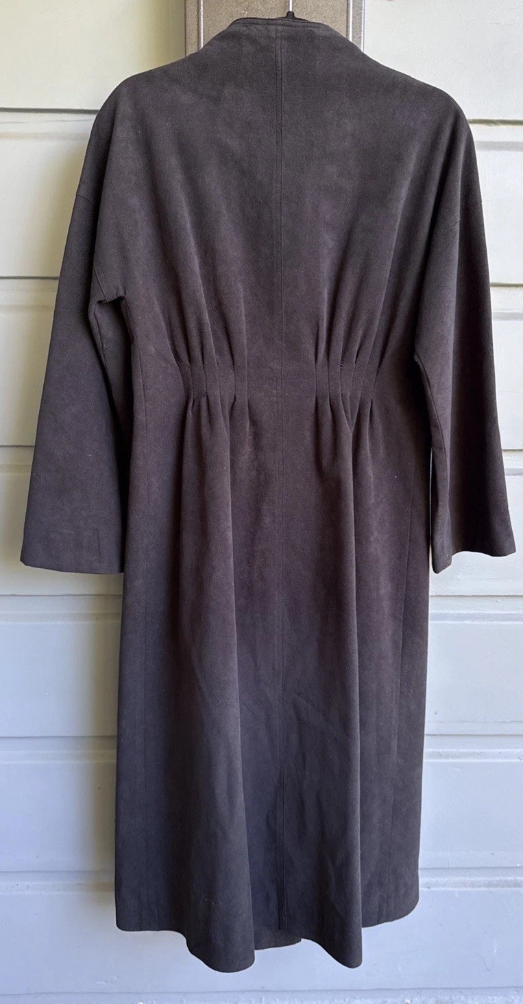 Vtg Pauline Trigere Black Faux Suede Midi Coat, Silver Buttons- Size 8