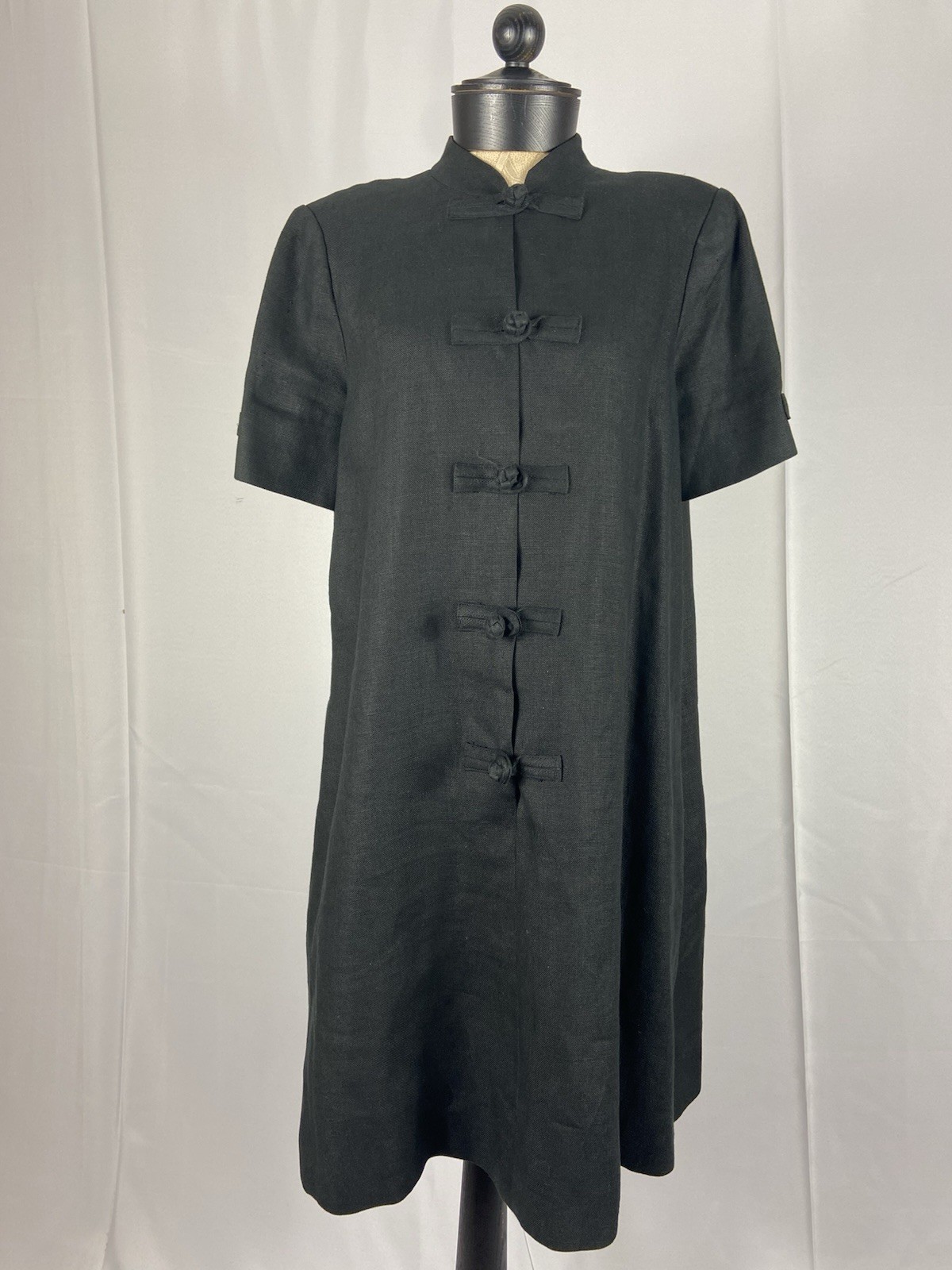 WILLIAM PEARSON Vintage Size 10 Black Linen Mandarin Collar Shirt Dress