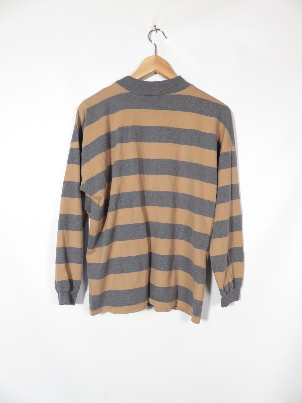 Vintage 80s/90s Gray And Khaki Striped Cotton Tshirt With Crest Logo Made In USA