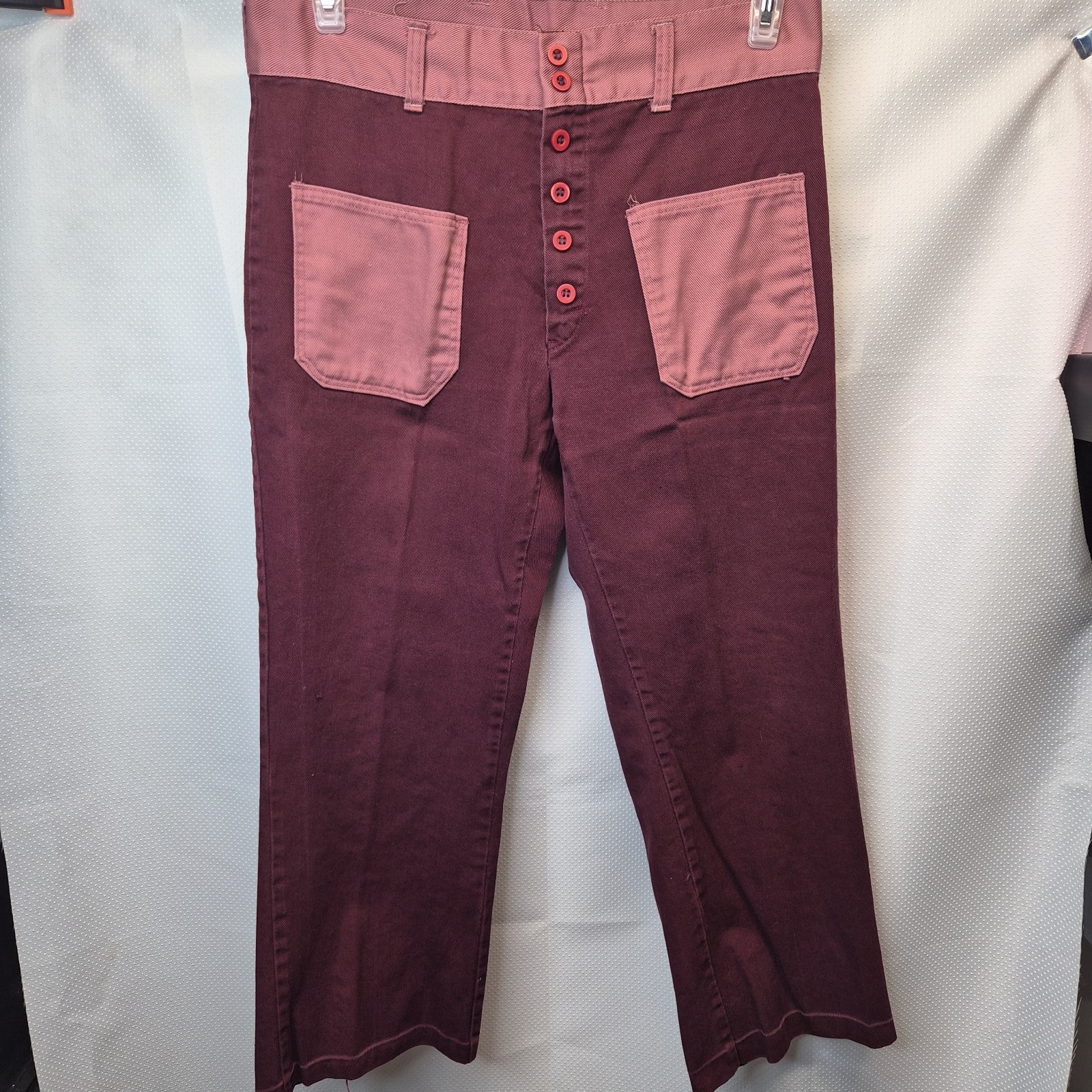 Vintage Handmade 70s Color Block Pants Retro Two Tone Maroon Pink 33×24.5 Flared