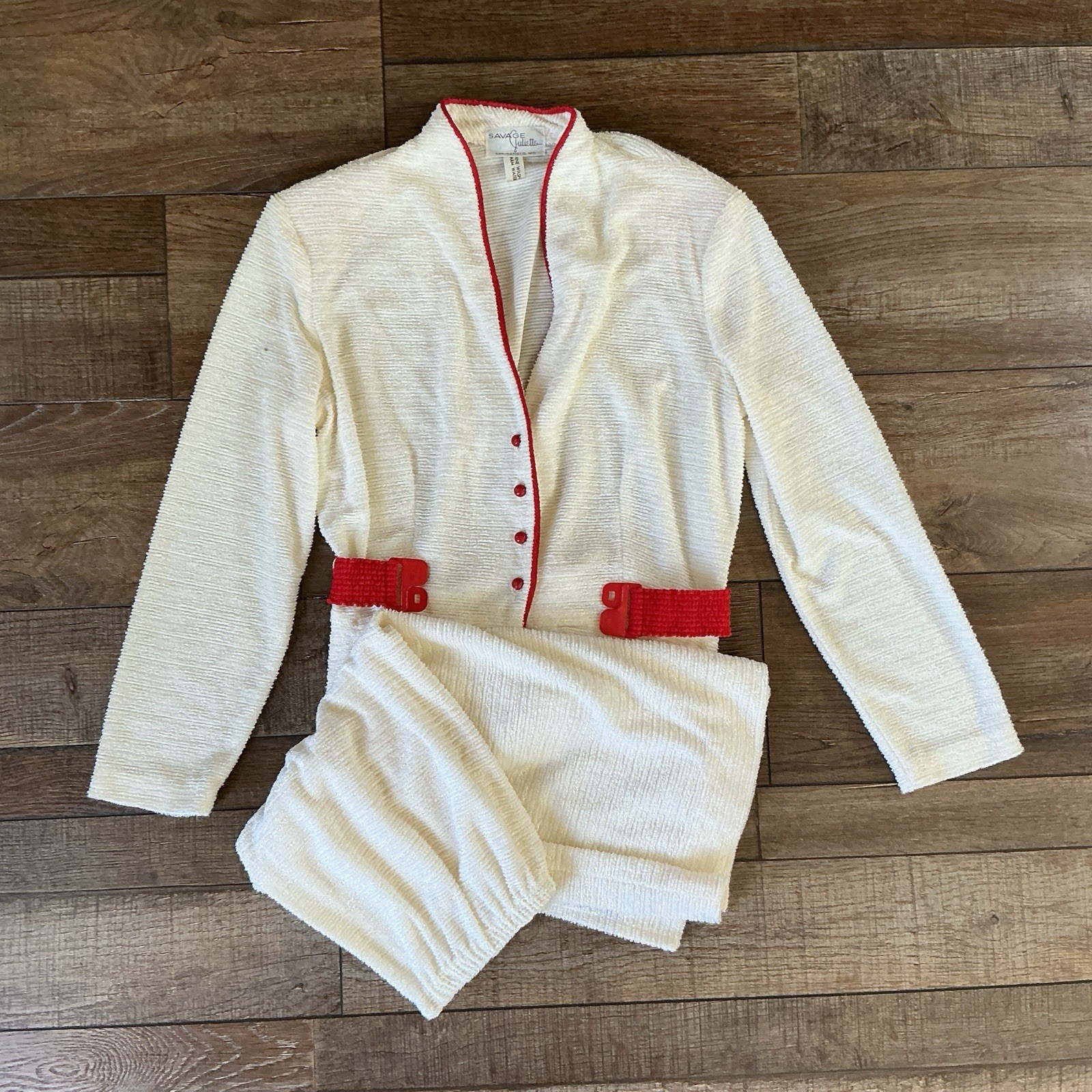 VTG Savage Juliette Spf MO Cream Terry 2Pc Belted Jacket Skirt Set Size S/M #301