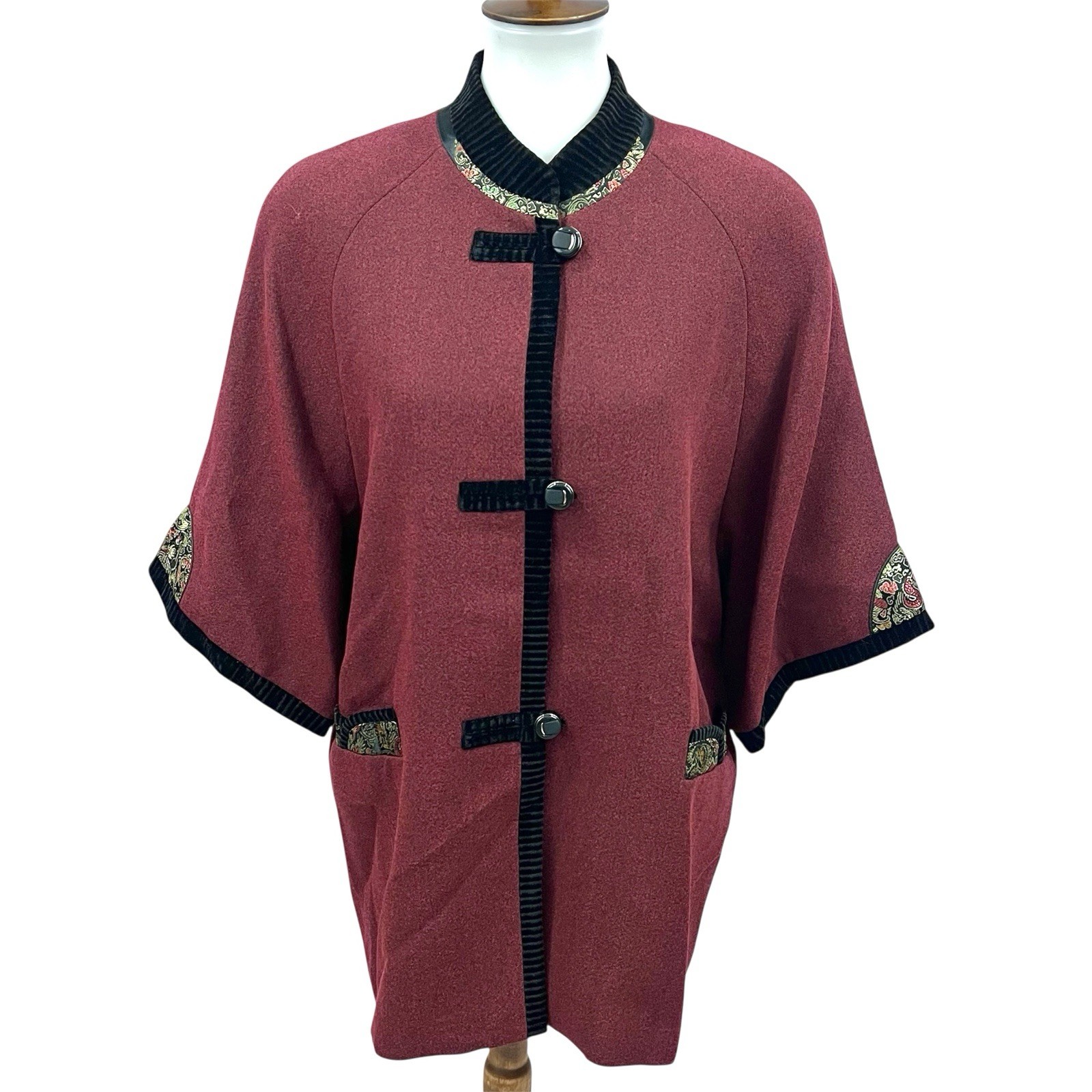 Vintage Asian Mandarin Collar Satin Brocade Velvet Kimono Blazer Cape Jacket