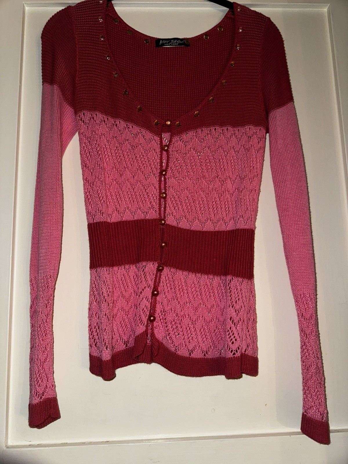 Vintage BETSEY JOHNSON NY Y2K Pink & Red Striped Lacy Cardigan With Rhinestones