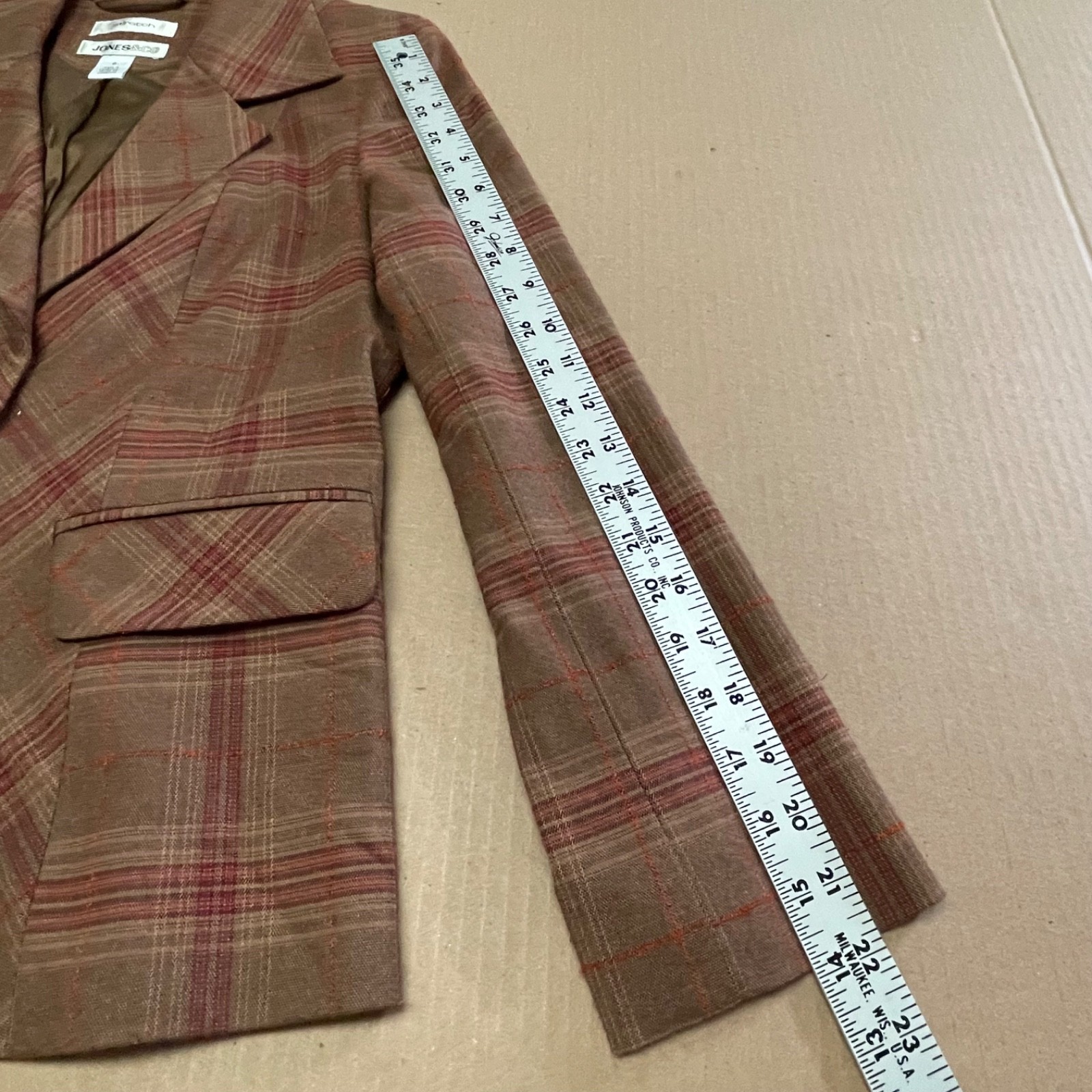 Vintage Jones & Co Plaid Tweed Blazer Jacket Size 6 Brown Red Martingale Belted