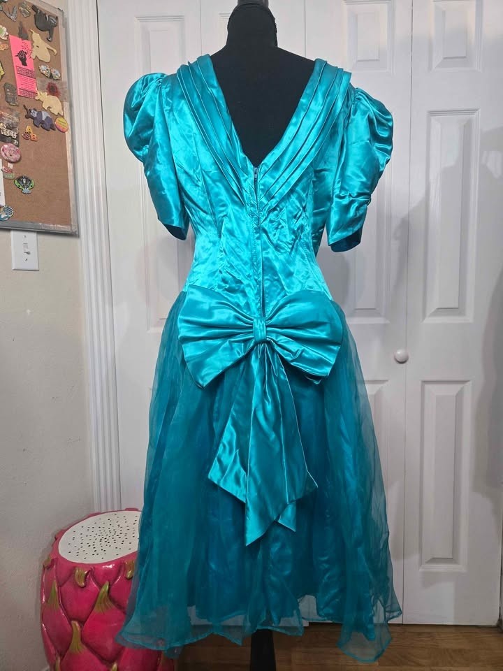 Vintage Turqoise/Teal Taffeta Tulle Satin Crinoline Dress Prom Tea Party Brunch