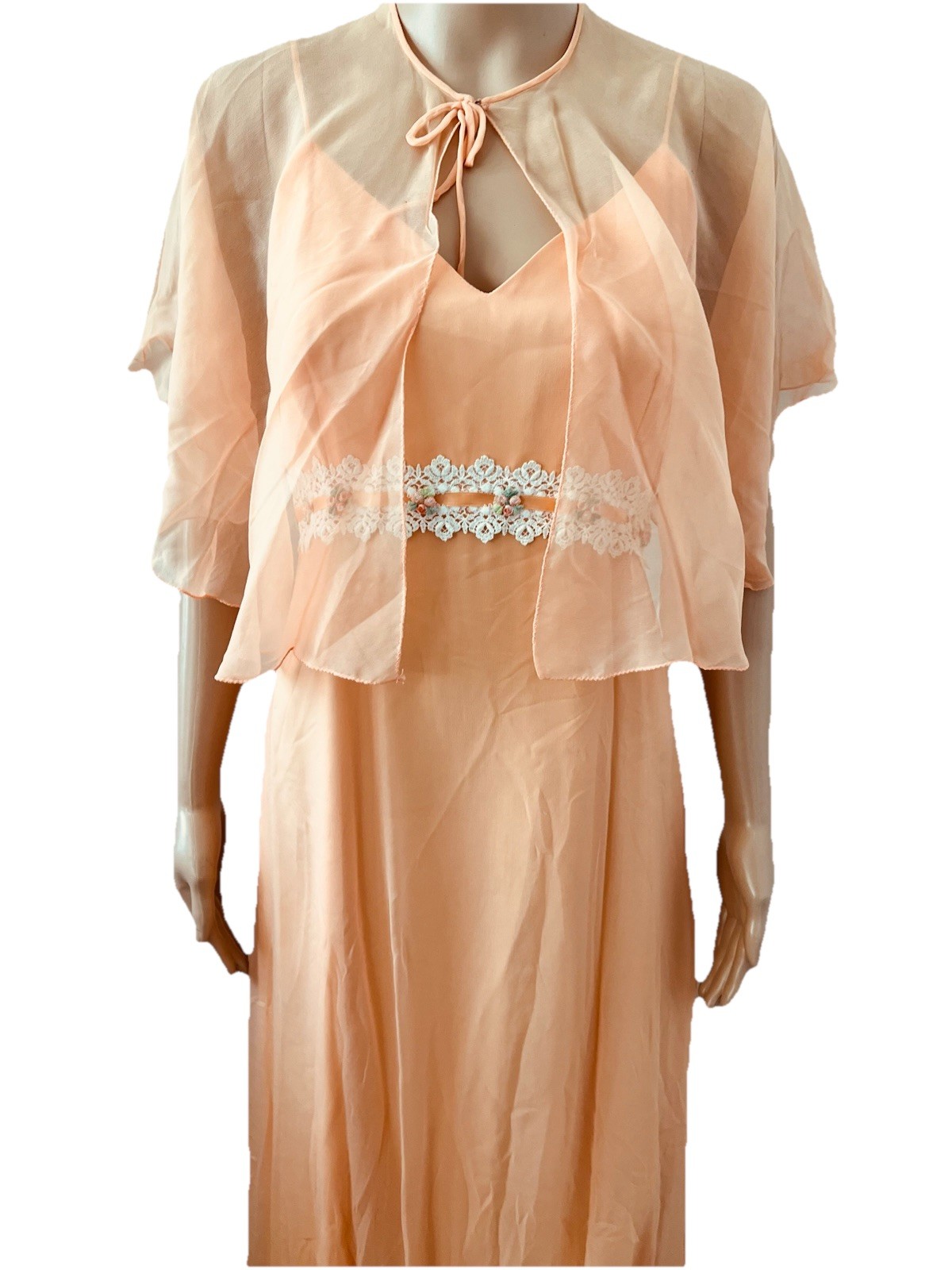 VTG 60s Peach Chiffon Maxi Dress Capelet Floral Lace Ribbon Trim Hemline Damage