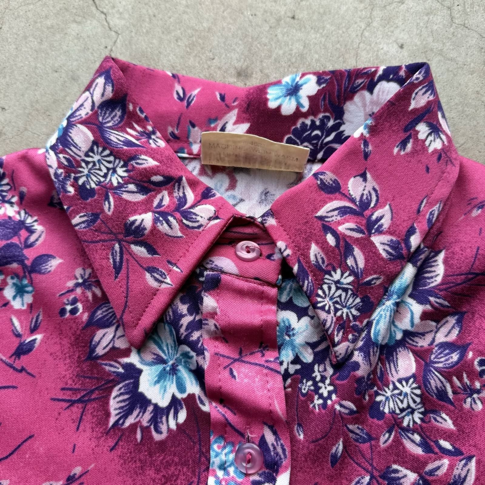 Disco Retro Vintage 70s Floral Blouse Pink Fuchsia Button Up Polyester Womens M