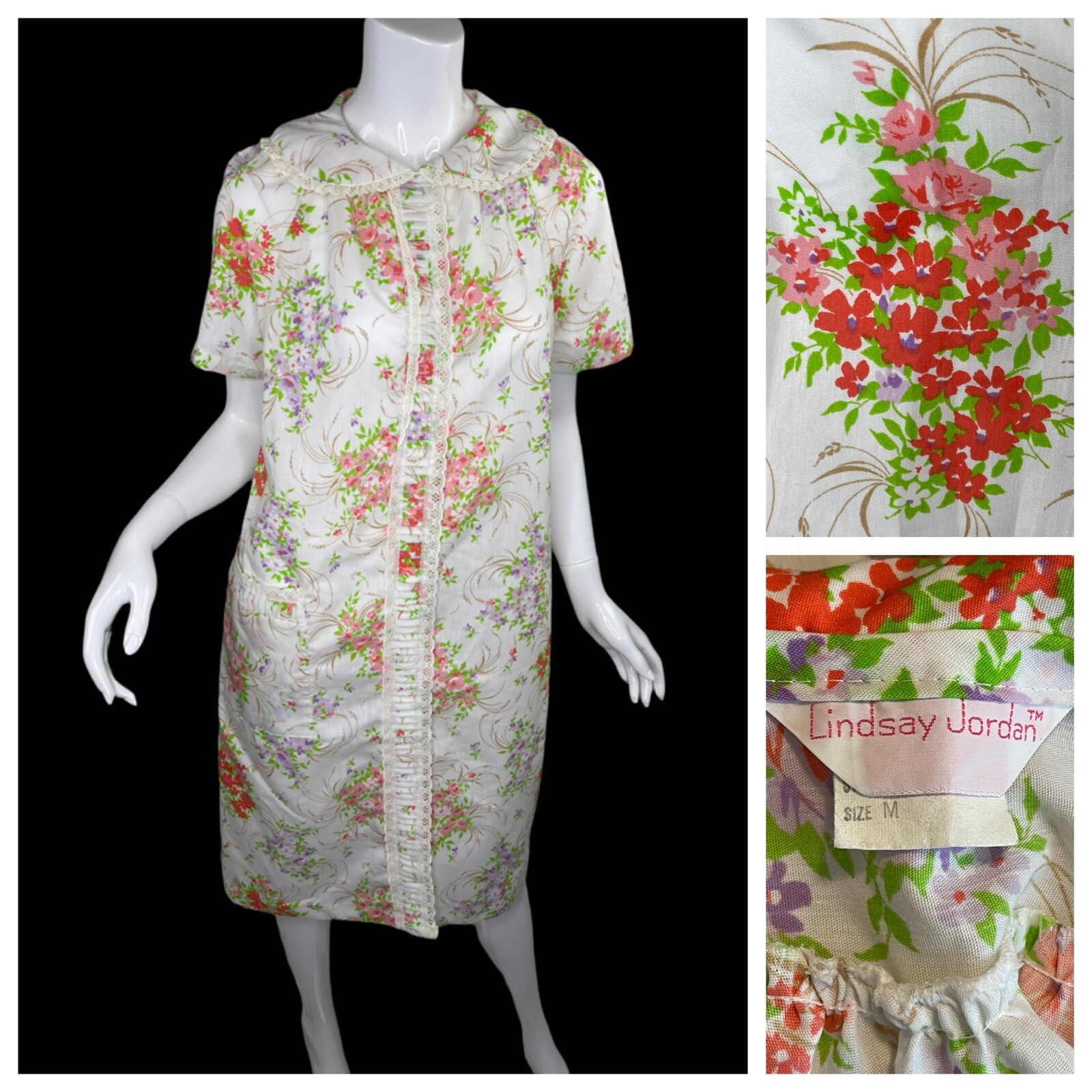 NEW Vintage Lindsay Jordan House Coat Dress Robe Sz M Short Sleeve Snap Front