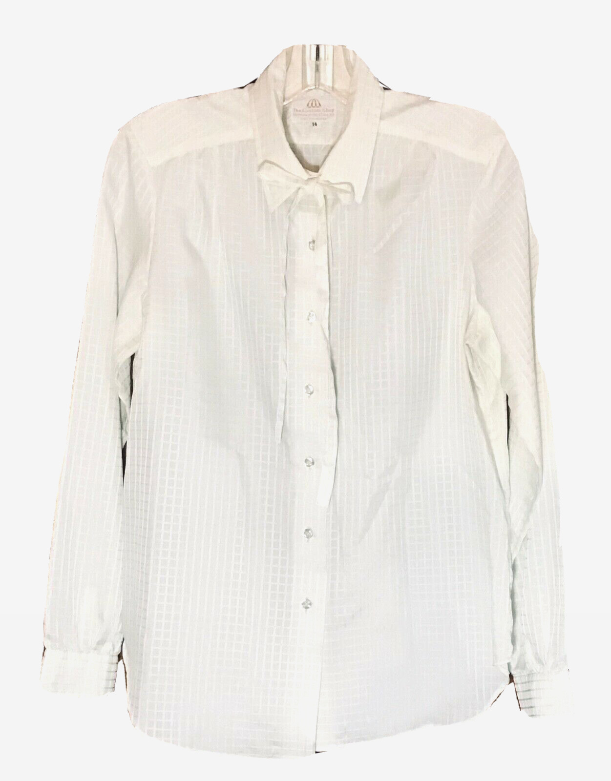VINTAGE MAD MEN IVORY POLYESTER SECRETARY SHIRT, THE CUSTOM SHOP NY, SIZE 14