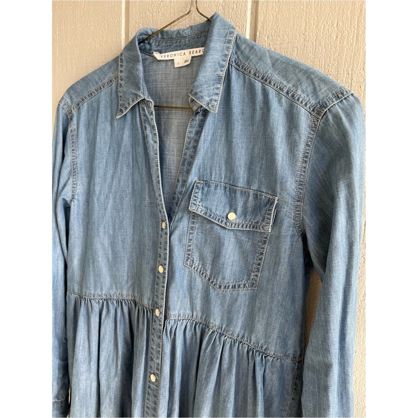 Veronica Beard Chambray Long Sleeve Ruffle Mini Dress Atari Size 0