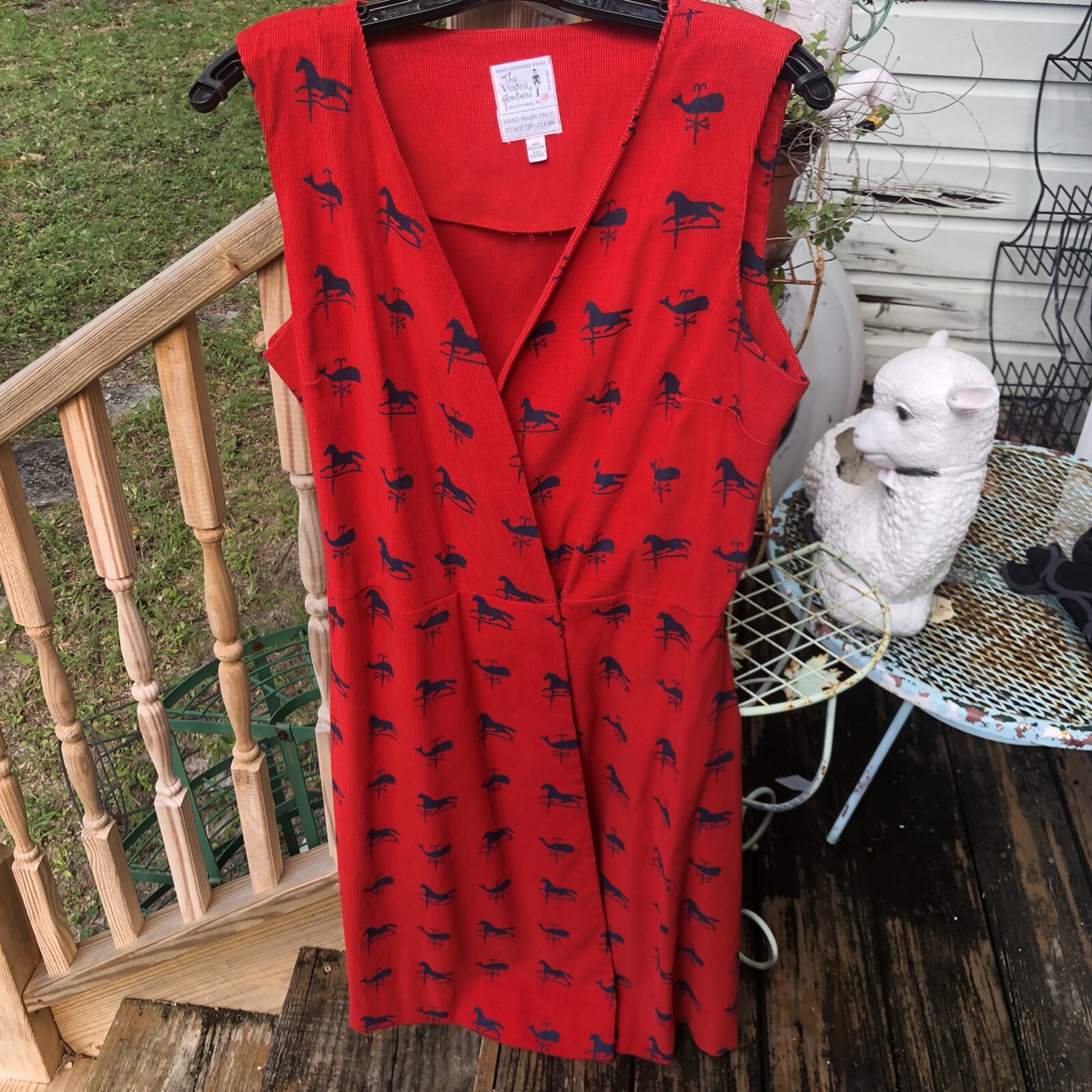 The Vested Gentress Red Corduroy Dress 18 Embroider Horse Equestrian Whale Vtg
