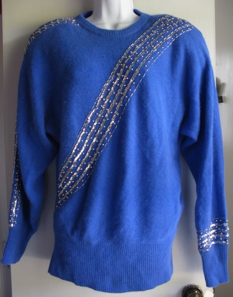 VTG 80’s Eleanor Brenner NWT $224 Blue Beaded Shoulder Padded Sweater Medium