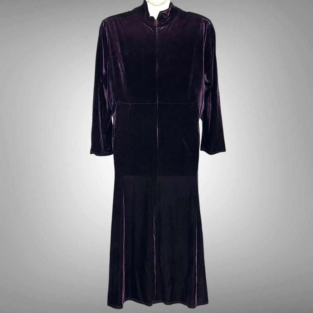 VTG KC Spencer Womens Dress Plus 1X Plum Purple Velvet Mock Neck Modest Maxi