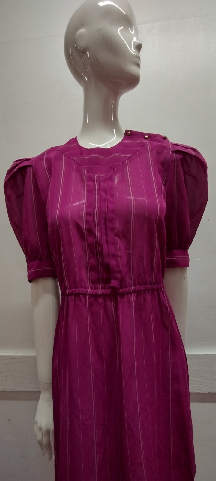 70s 80s Dress Pink Fuchsia Stripes Sheer Short Puffy Sleeve 40s 3/4 Sleeves M