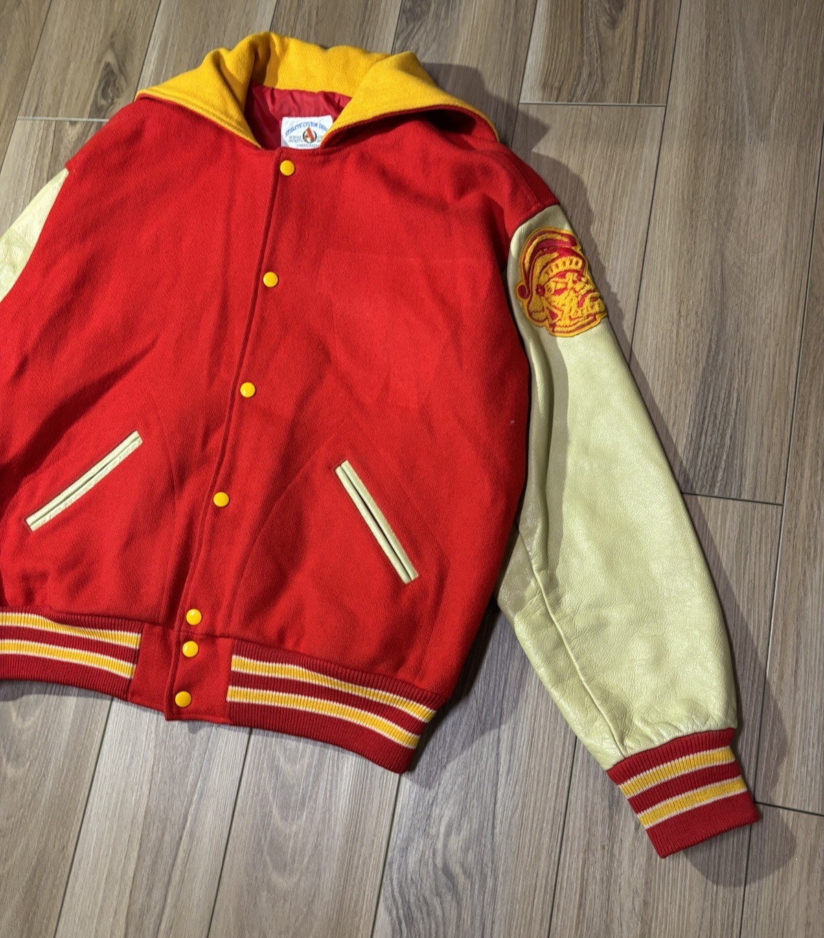 Vintage Letterman Jacket Red Yellow Trojan Woman’s Size L/XL Sailor Collar