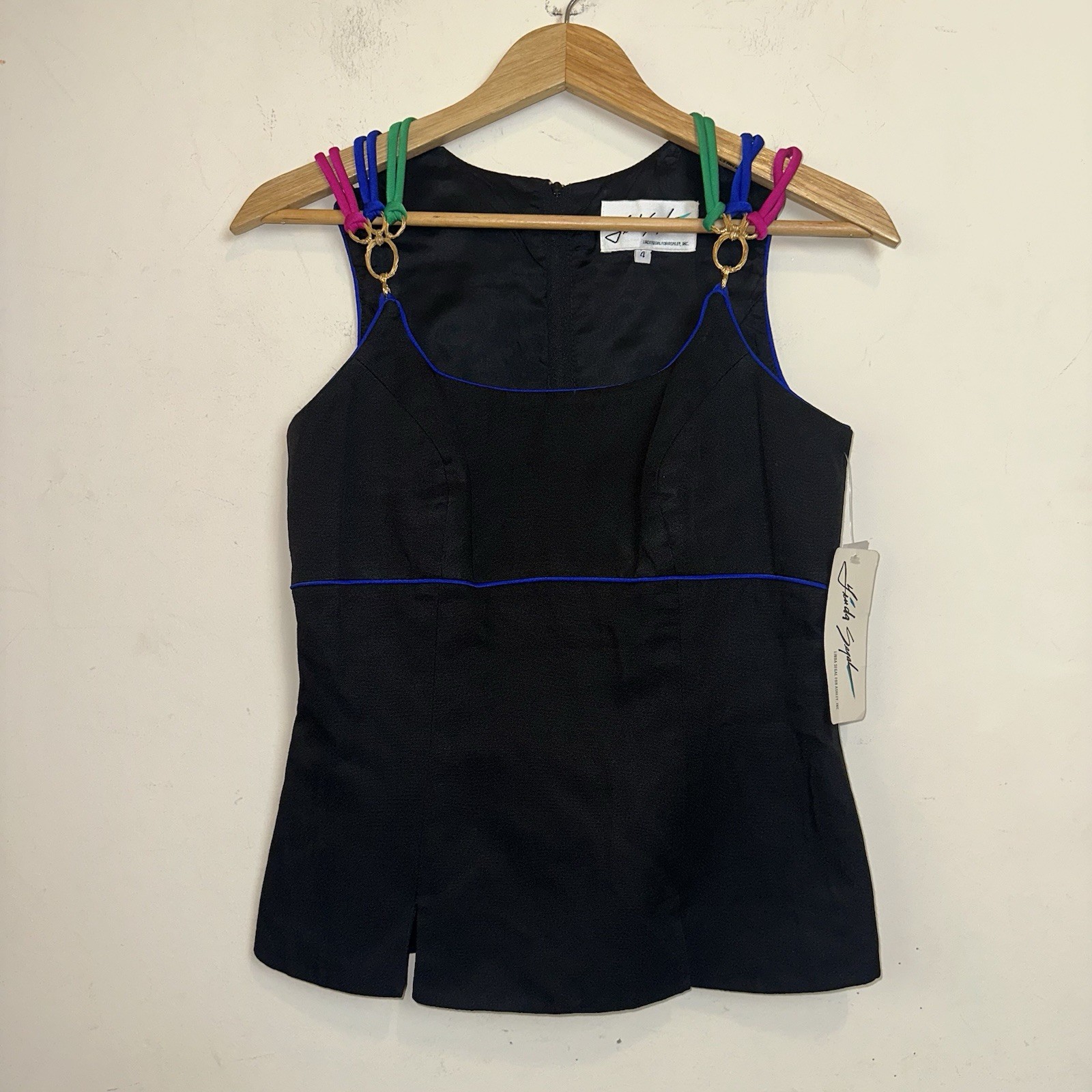 Vintage 1990 Linda Segal 4 Sleeveless Top Black Rainbow Straps Glamorous Goth