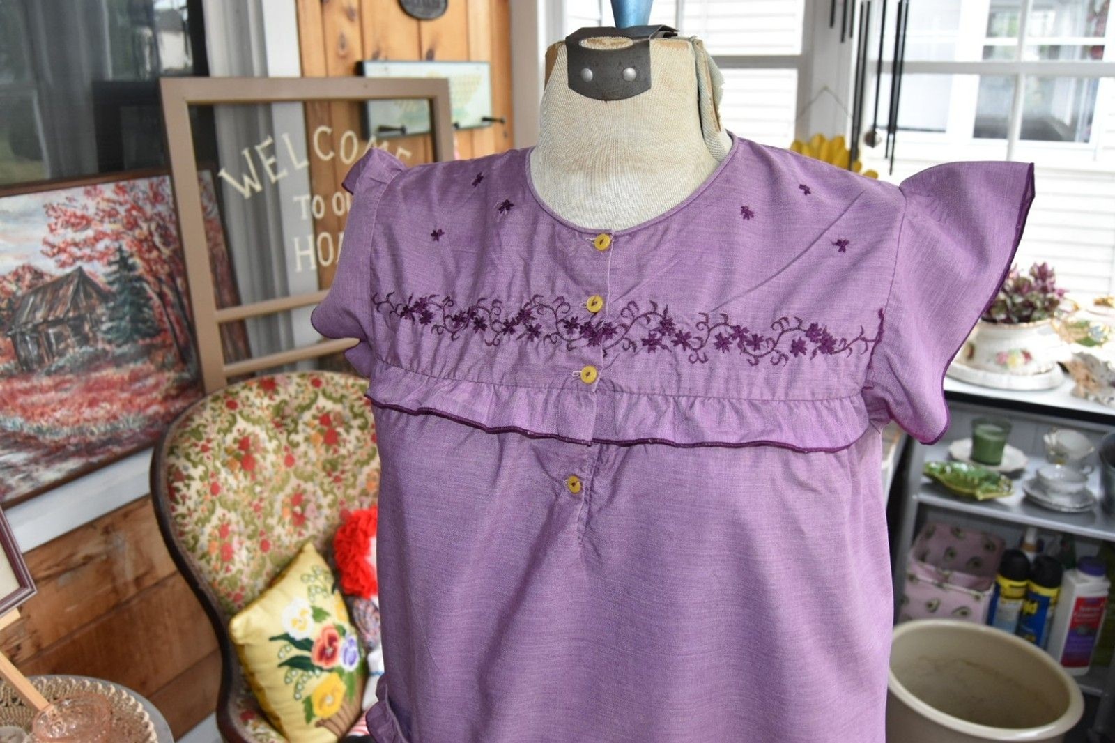 60s 'Gragero’ Cotton Nightie Embroidered Hand Dyed Ruffles-Pocket Purple-Medium