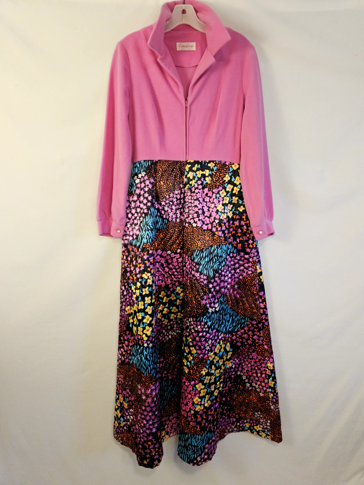 Evelyn Pearson Vintage Lounging Dress 1970s Pink and Floral Maxi Unique