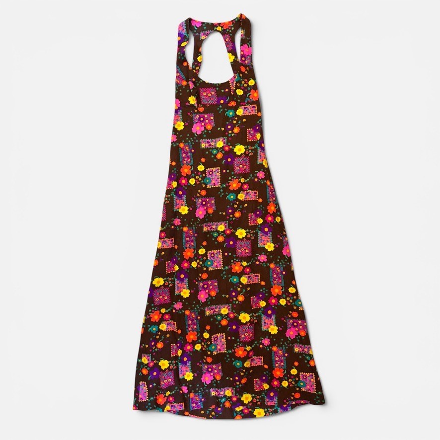 Vintage 70s Floral Maxi Dress Brown Psychedelic Print Open Back Sleeveless Boho