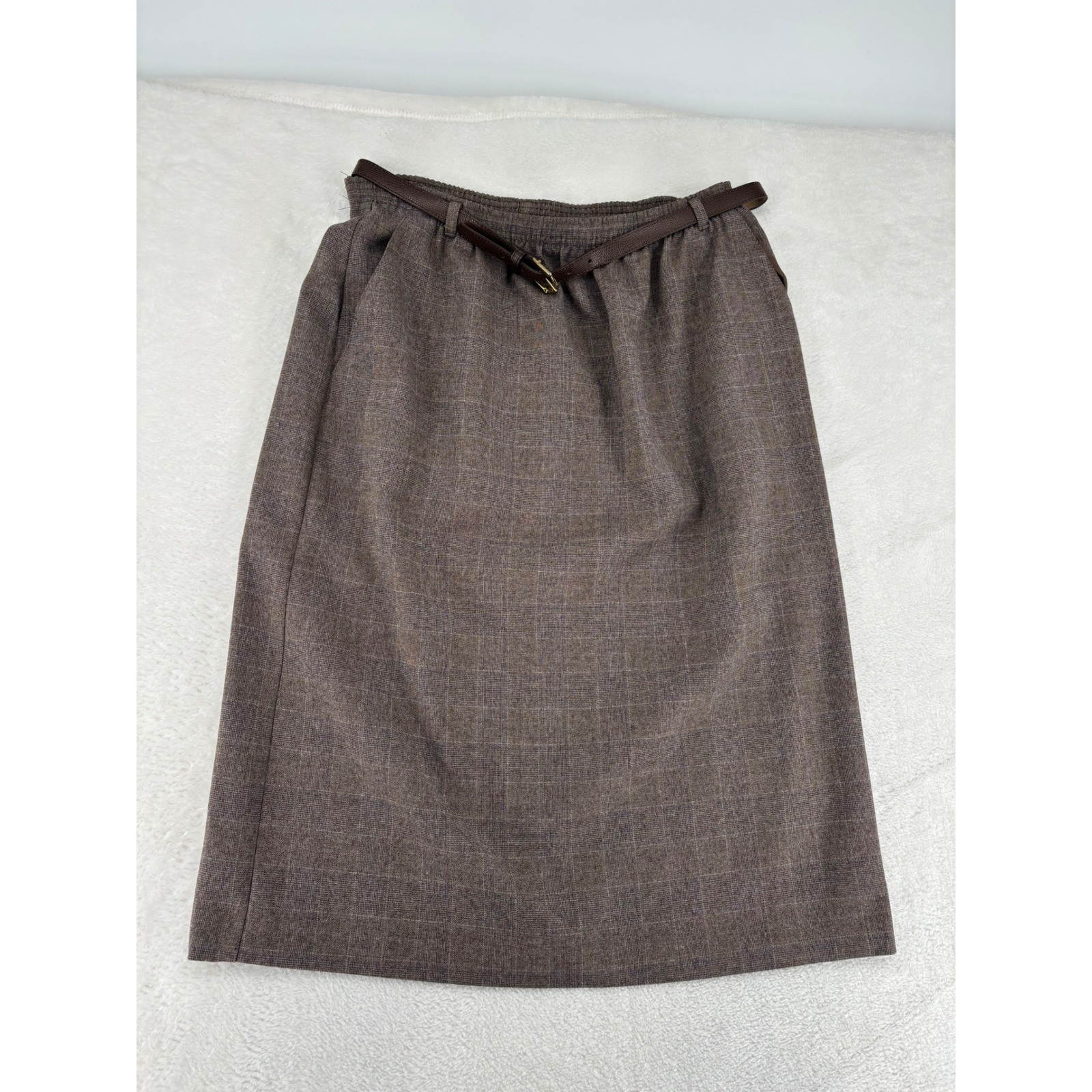 VTG Alfred Dunner Brown Plaid Midi Skirt w/Belt NWT Sz16 MadeinUSA cottage coree
