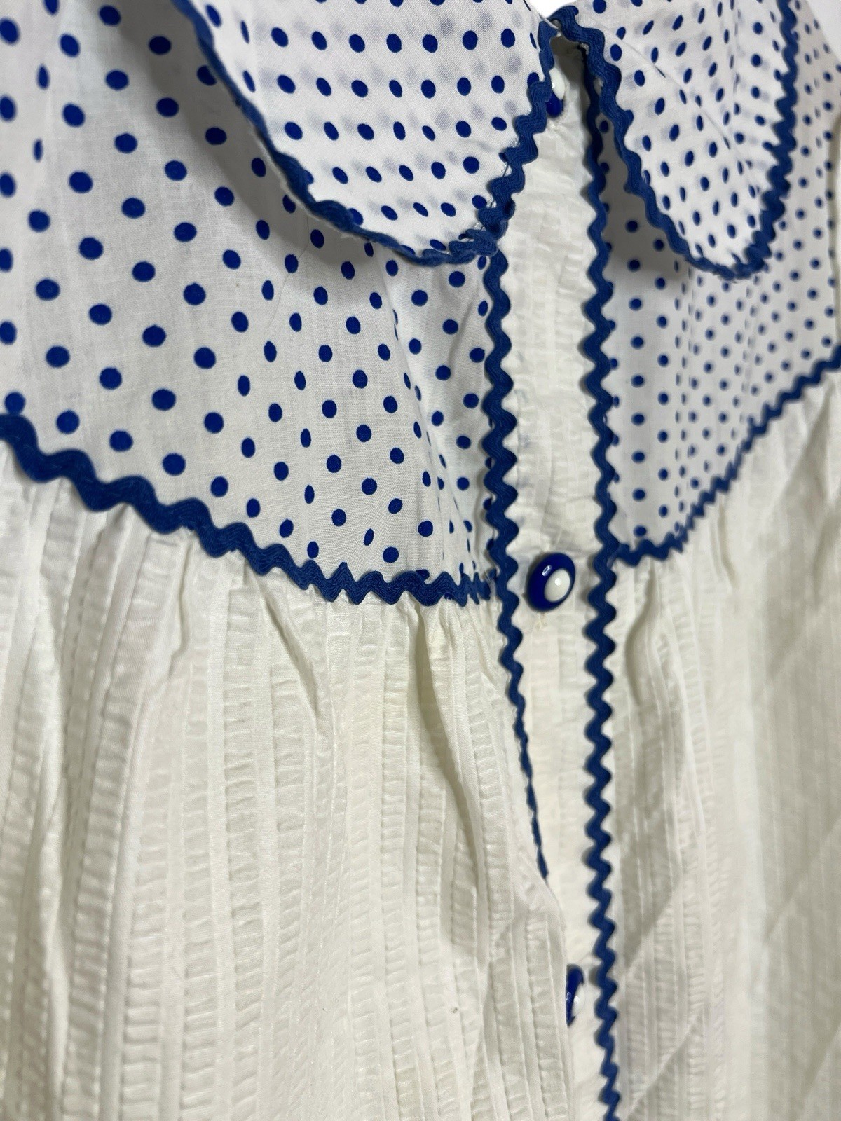 Vintage Nightgown House Dress White Blue Polka Dot Rick Rack Peter Pan Collar