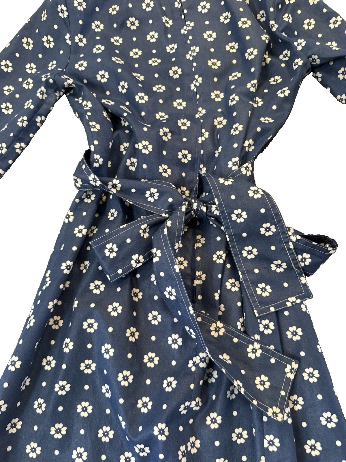 Vintage 1970s DW3 David Warren Collared Dress Navy & White Floral Belted Sz S/M