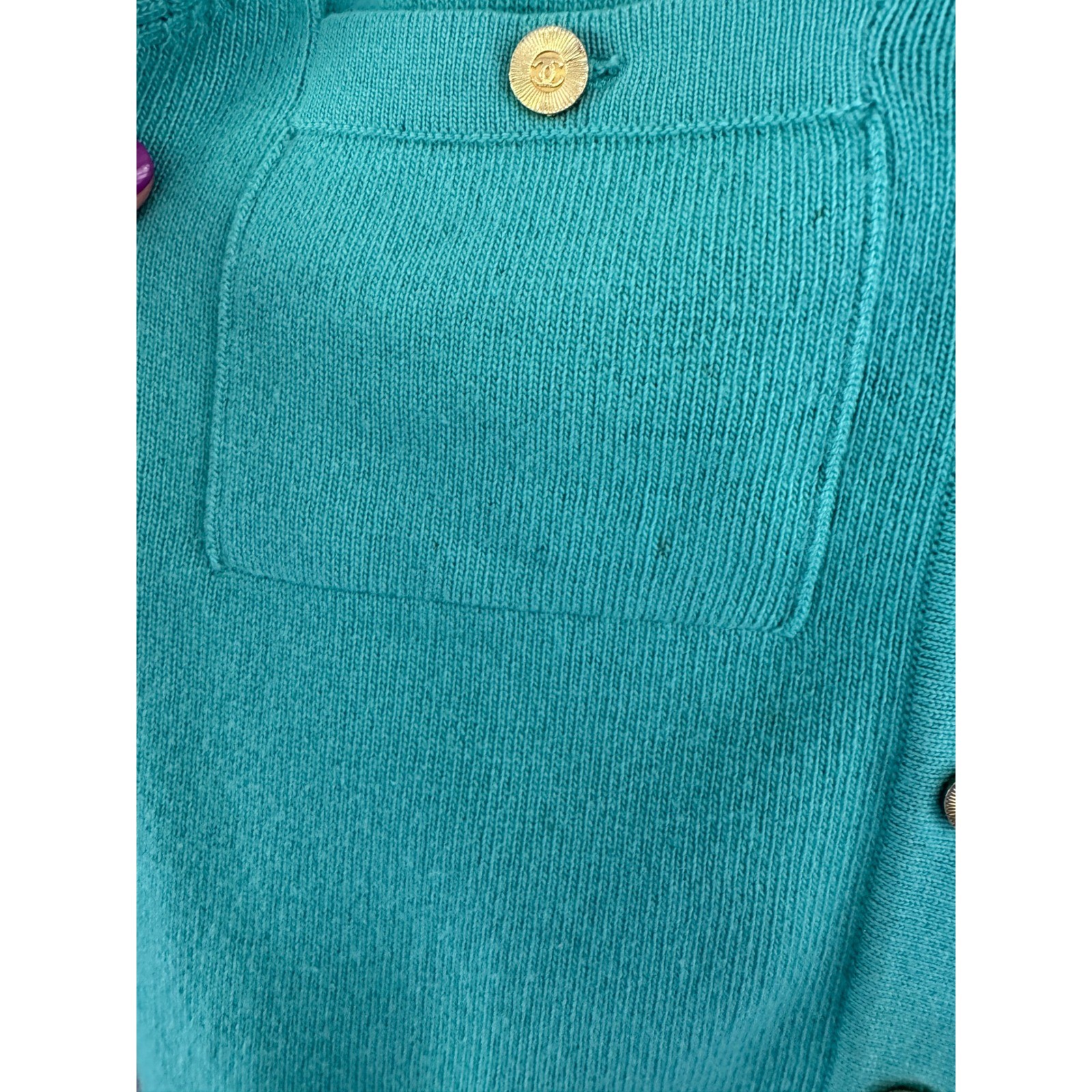 Chanel Vintage Cashmere Skirt Suit Teal Green Gold CC Buttons Scotland Sz 8 10