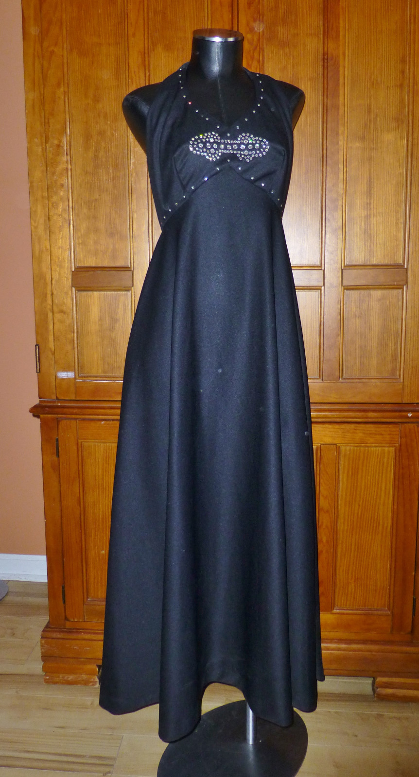 Vtg 70s Black Jersey Knit Rhinestones Boho Empire Disco Evening Maxi DRESS GOWN