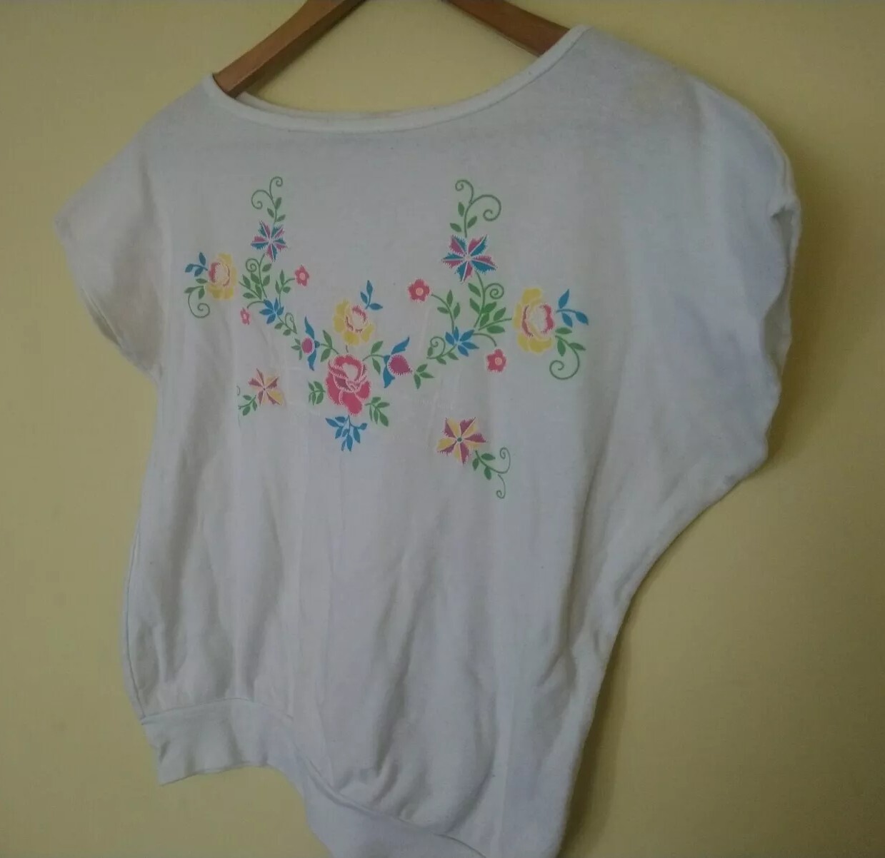 80s Jane Colby Tshirt White Floral Embroidered Cotton Sz M
