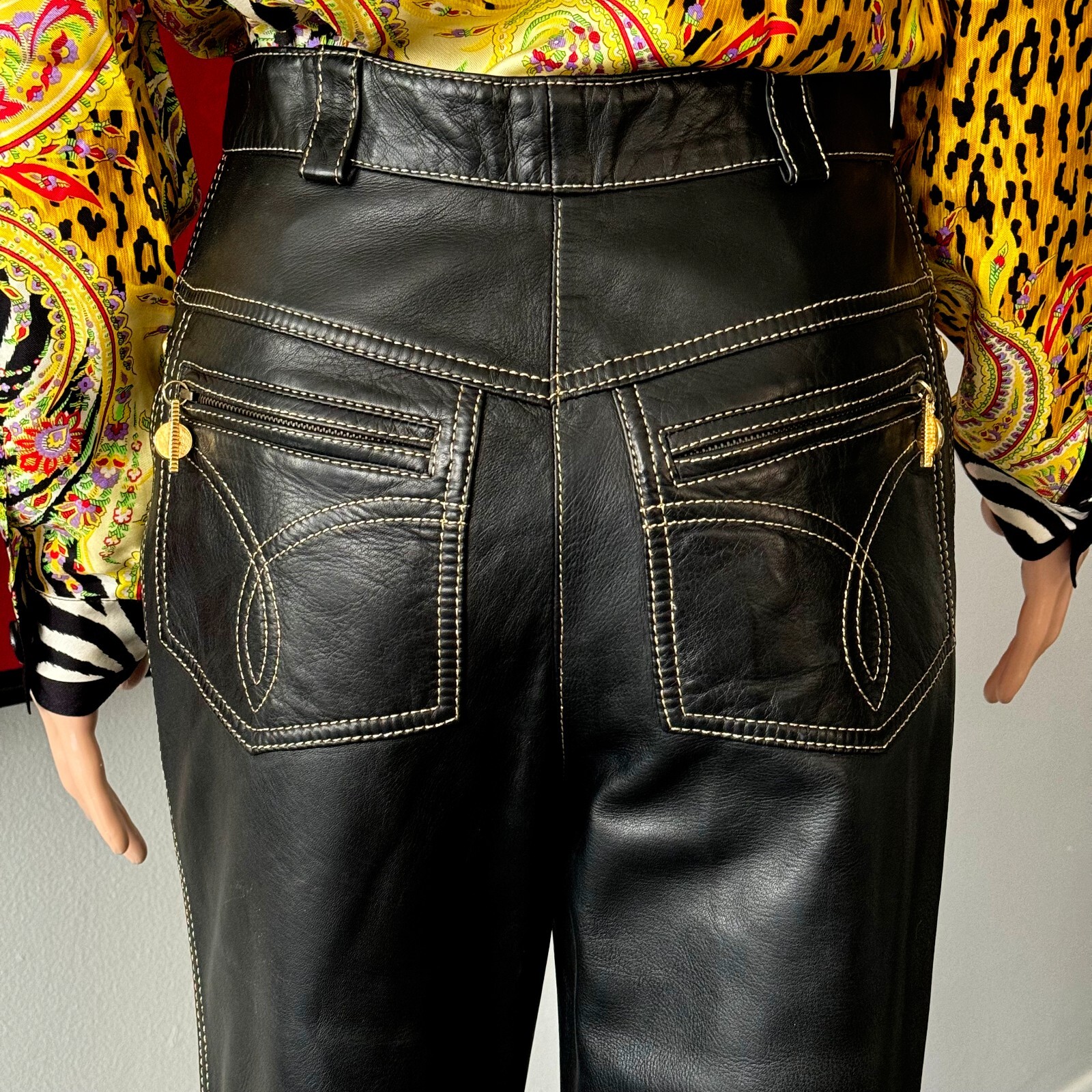 GIANNI VERSACE black leather pants w/ gold stitch size IT 42 from F/W 1992/93