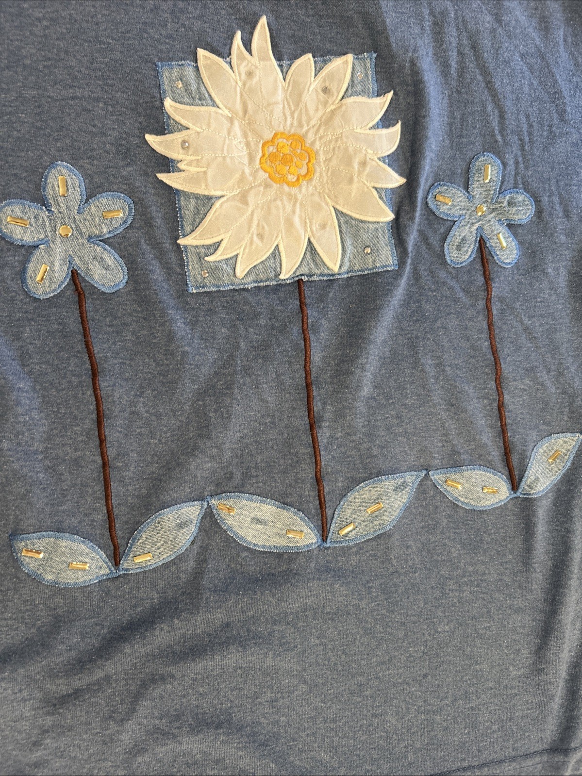 Cotton LA T-Shirt Women XL Blue Vtg 80s Daisy Flower Graphic Embroidered USA