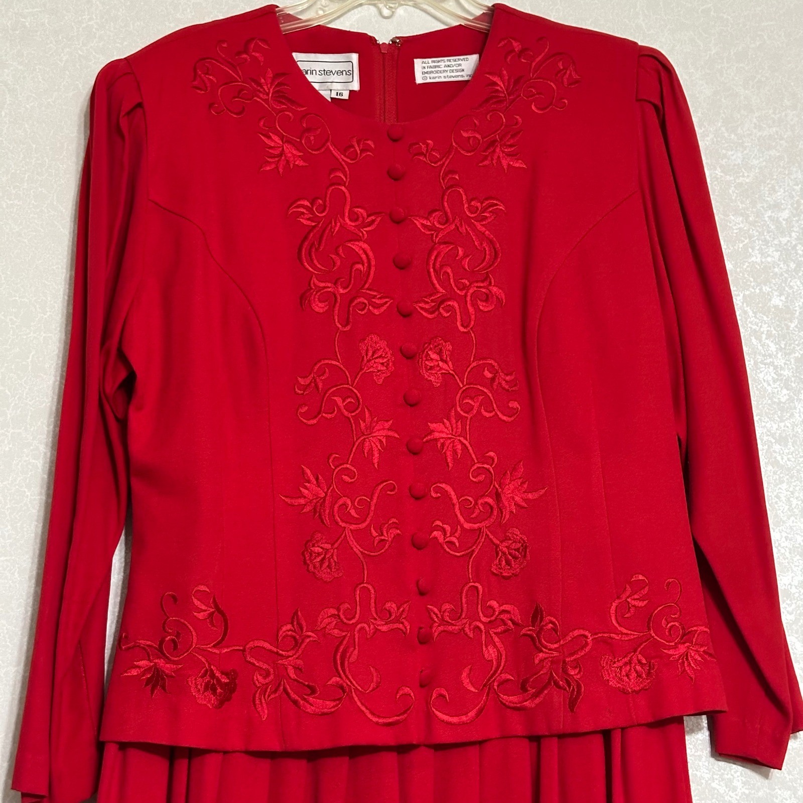 Karin Stevens Vintage 80’s Red Floral Embroidered Long Sleeve Dress Pleated 16