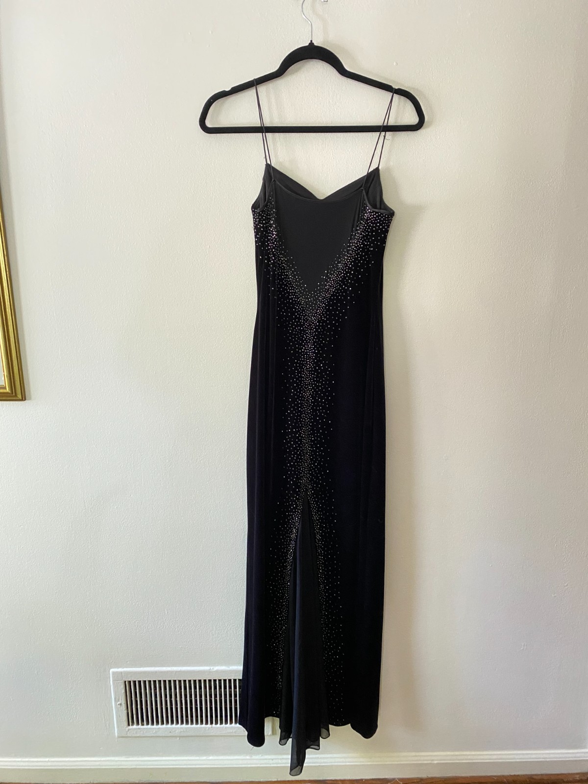 Vintage 1990s Black Velvet Cascading Beaded Gown Betsy & Adam Size 10 Prom