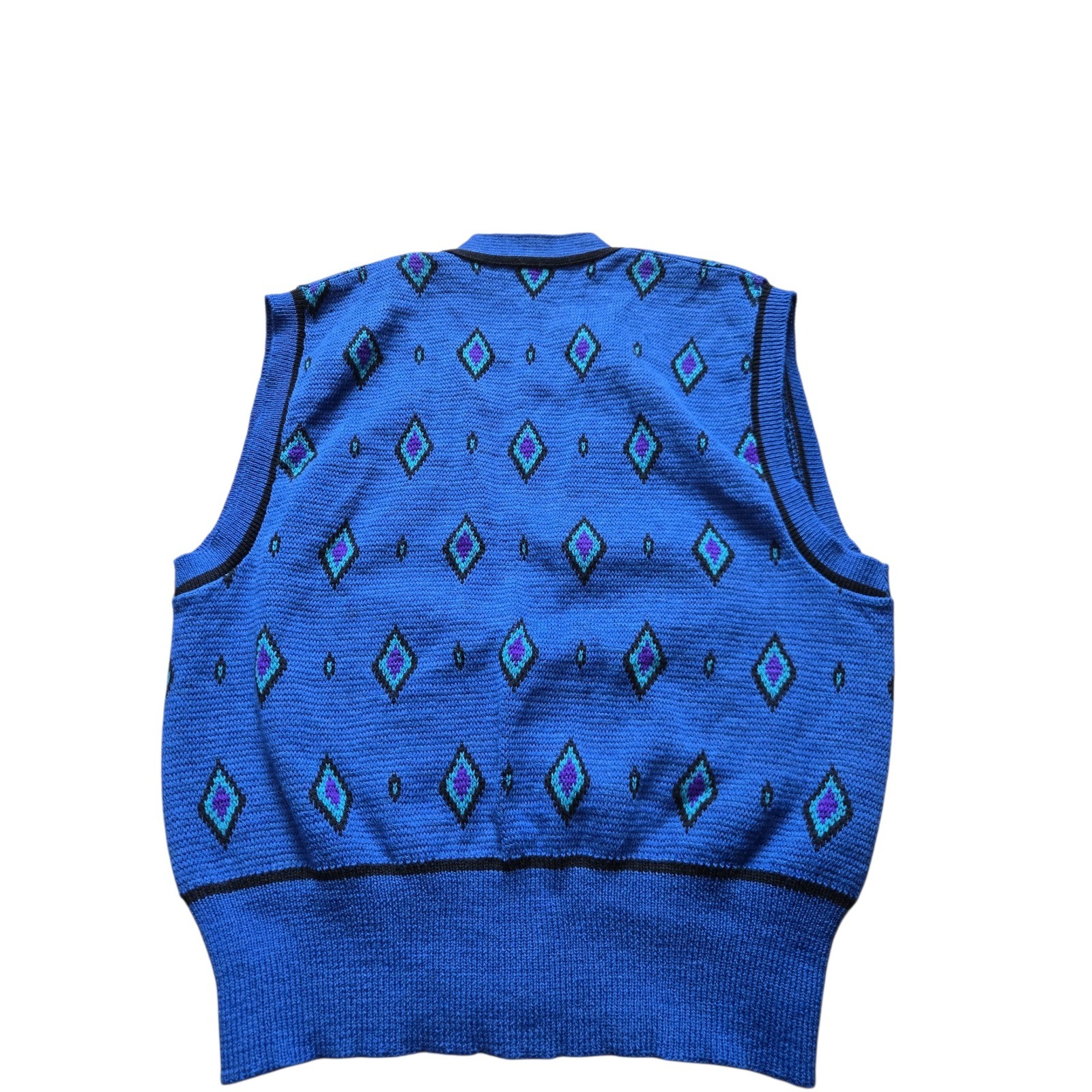 Vintage Pendleton Wool Knit Vest Blue Geometric Diamond Button Front Large USA