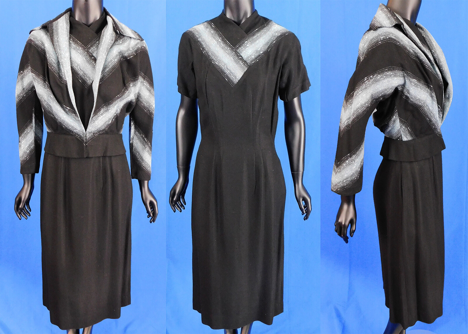 Vintage Paul Sachs Original 50s Rockabilly Black Blue Stripe Pencil Dress Jacket