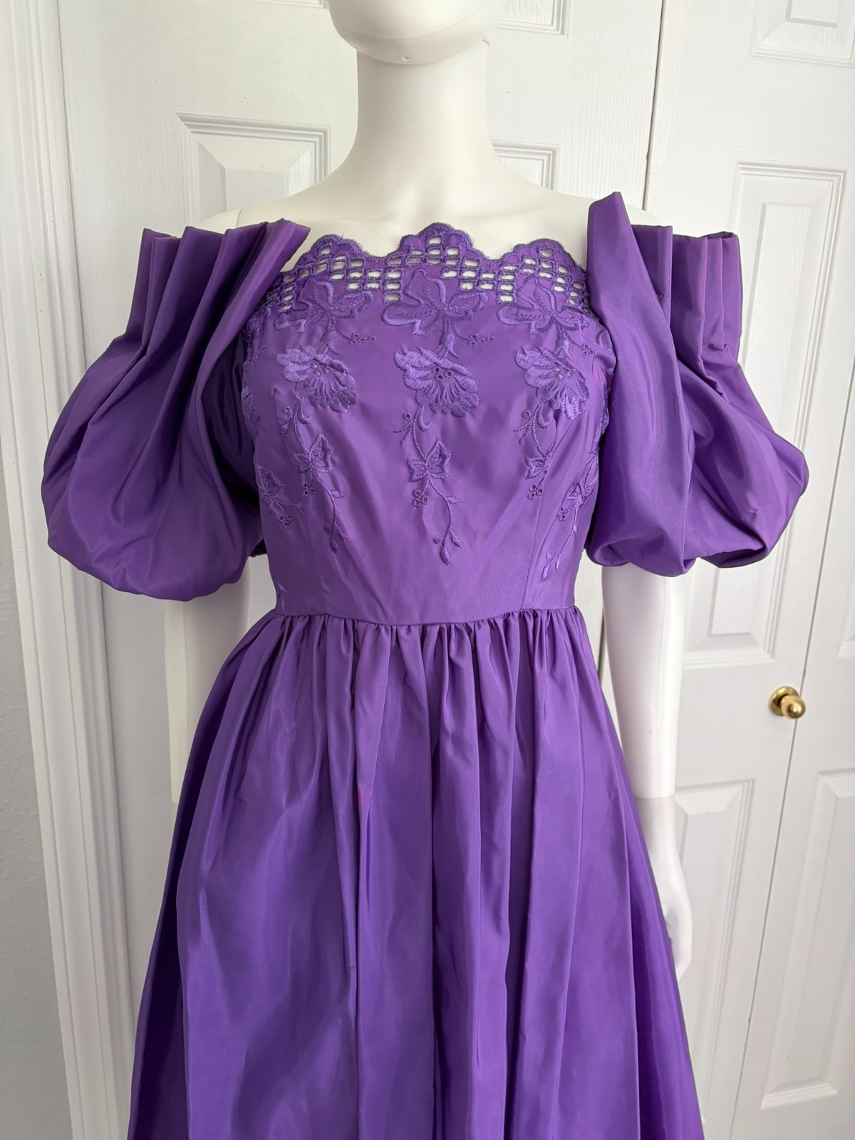 vintage 80s purple off the shoulder bodice midi dress