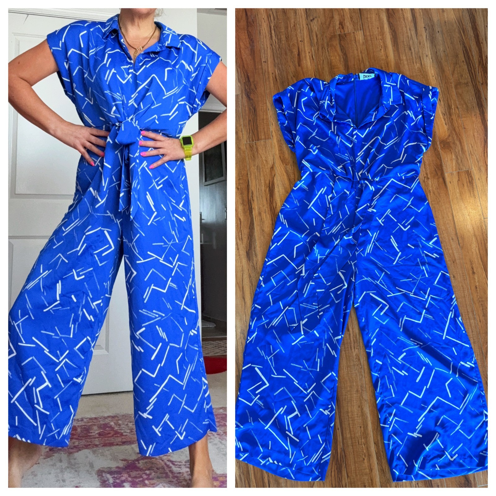 ⚡️Vtg 90s DKNY Electric Blue Geometric Op Art Jumpsuit Romper Wide Leg High L XL