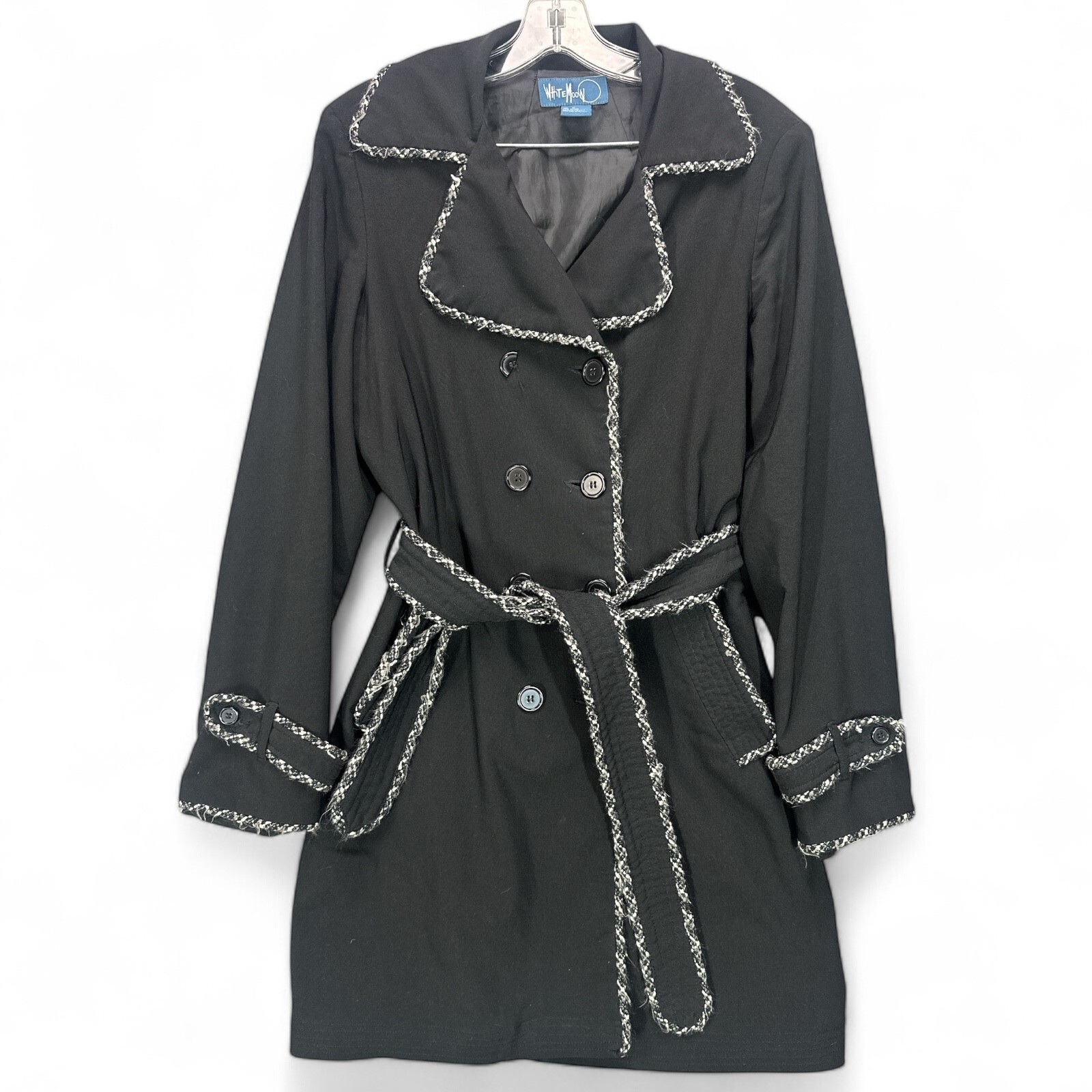 Y2K Black Rain Trench Coat Jacket Belt Size M 2000s Designer Look Tweed Trim