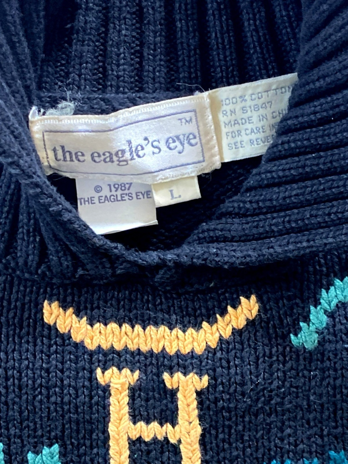 Vintage Sweater Eagle’s Eye Cottagecore Grannycore Alphabet Black Y2K 80’s LARGE