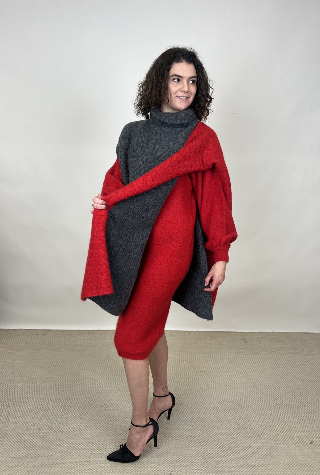 Vintage 1980s Karl Lagerfeld for Chloe Sweater Dress & Poncho Red Gray Designer