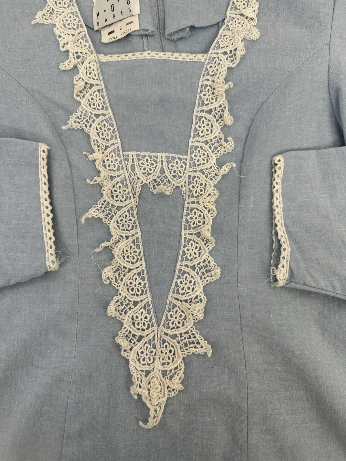 VTG You Too Babes Prairie Cottagecore Midi Dress Lace Blue USA 3 READ S-XS