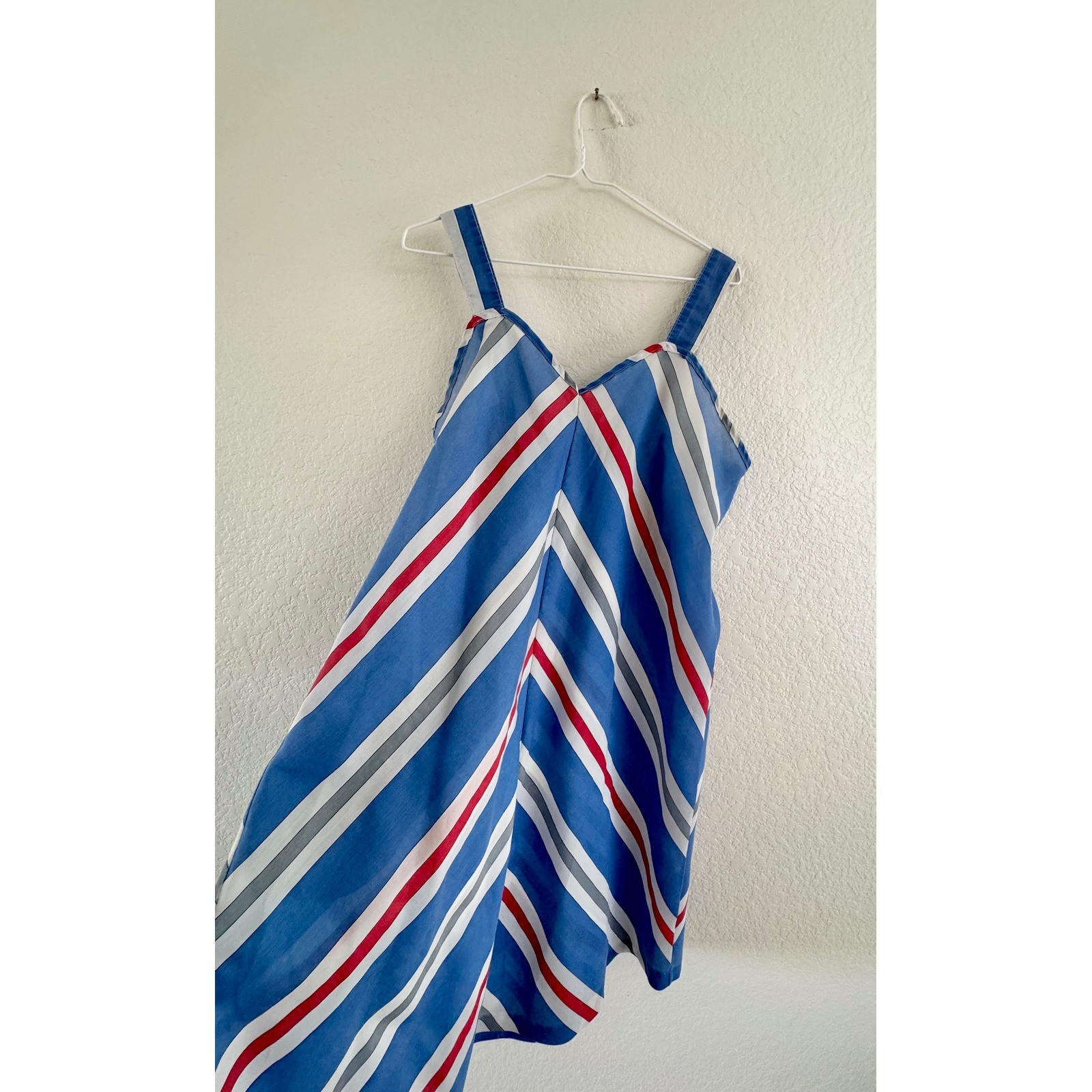 Vintage Sun Dress Womens L Blue White Red Chevron Stripe V-Neck 90s Retro Midi