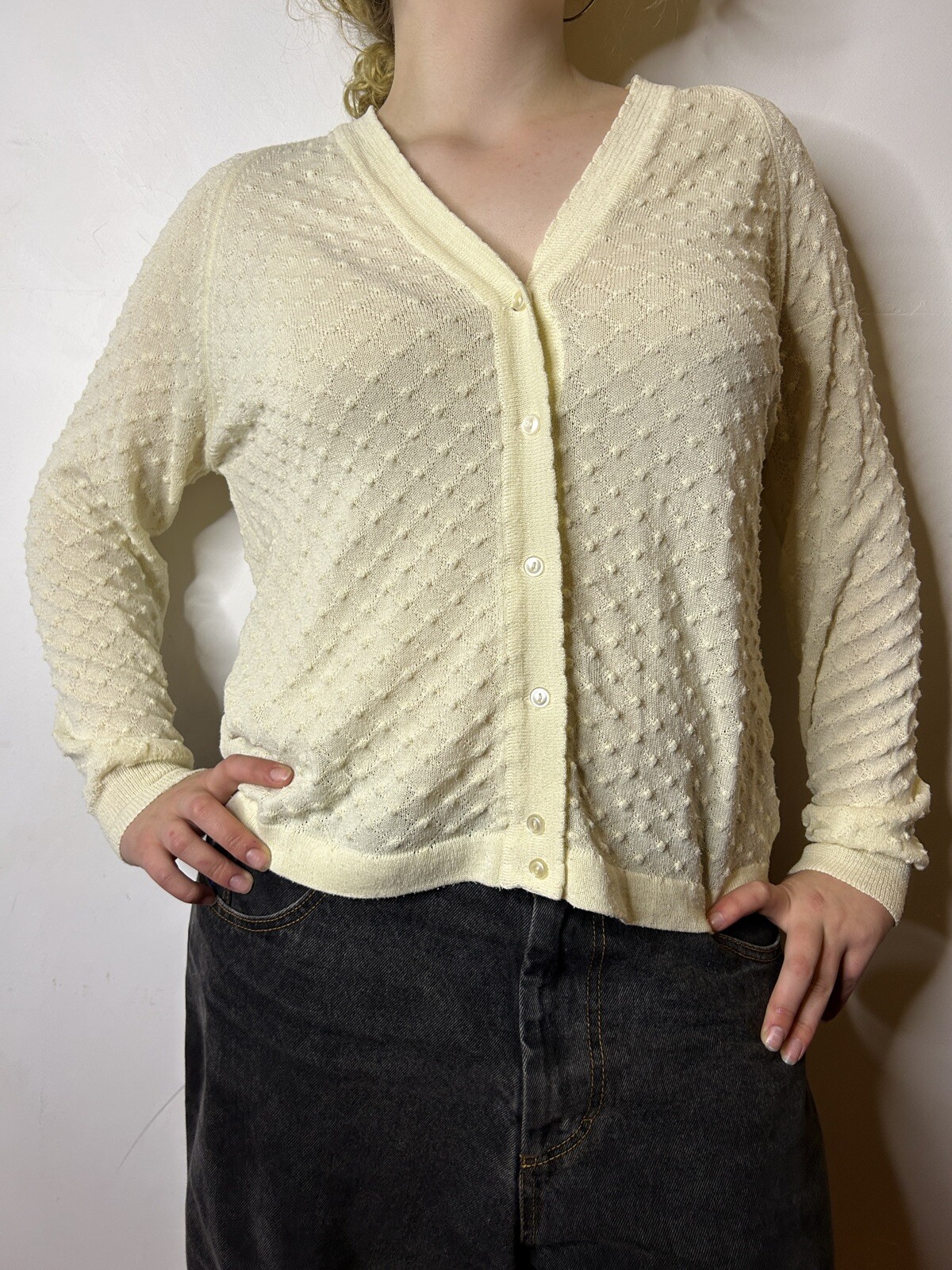 Vintage 1980s Ladies White Knit Peasant Cardigan Blouse Polka Dot Puckered AU 14