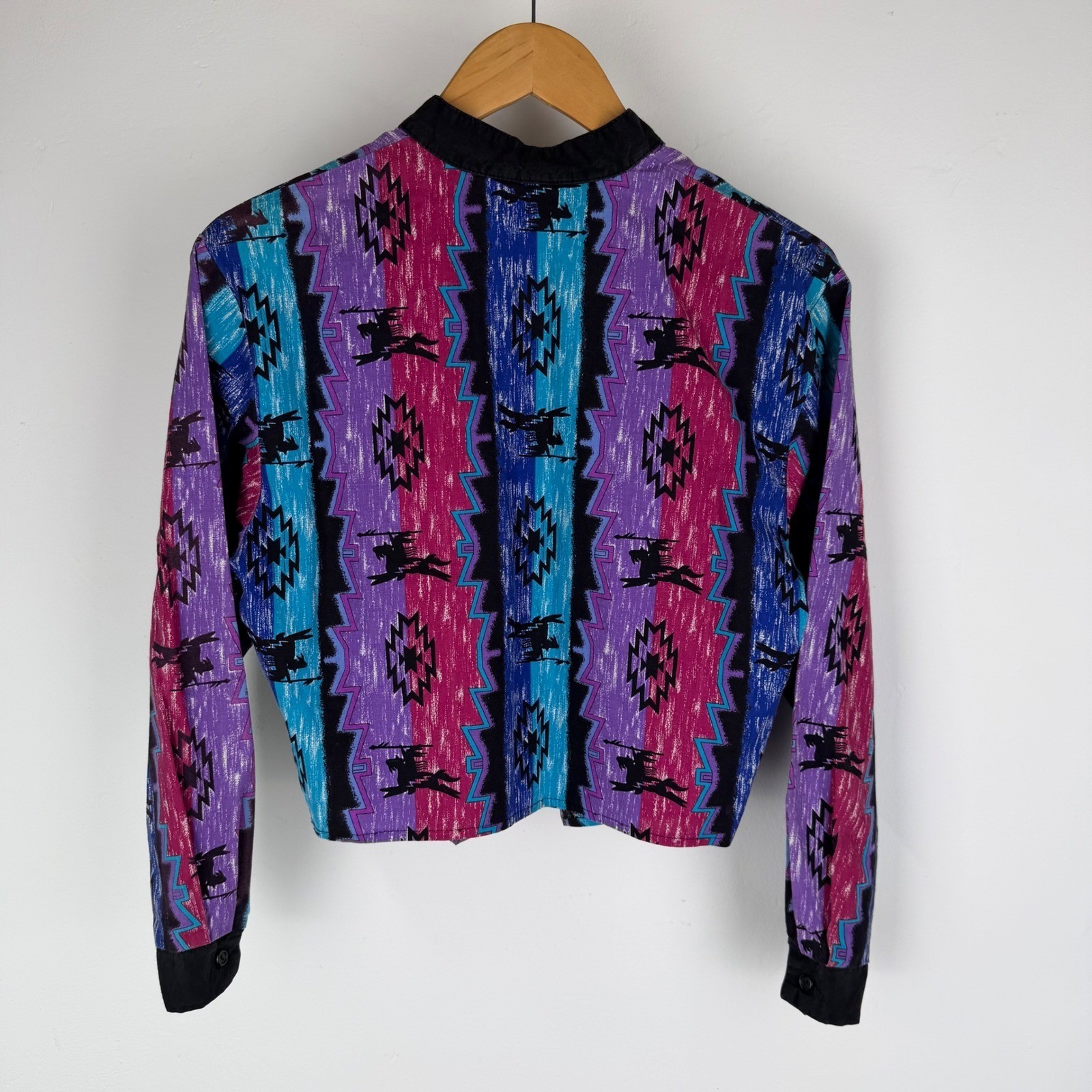 VTG 80s Ozark Mountain Southwestern Tribal Print Button Up Shirt Purple Teal