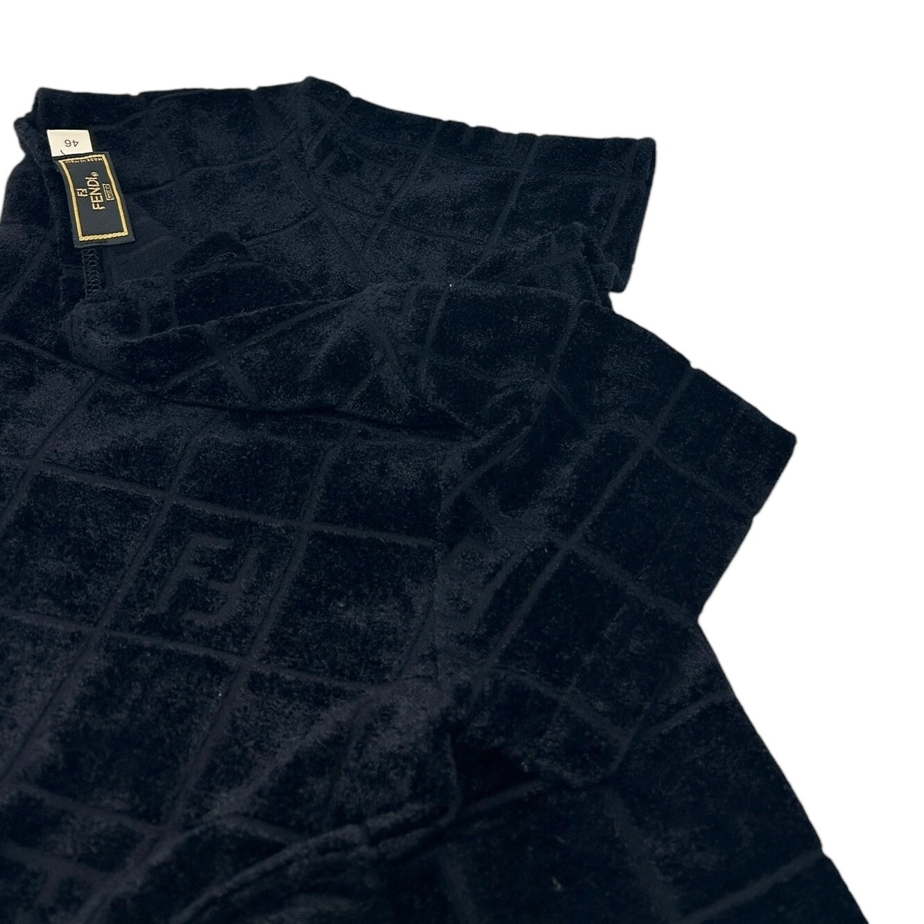 FENDI Vintage FF Logo Velour Short Sleeve Top #46 Black Rayon T-shirt